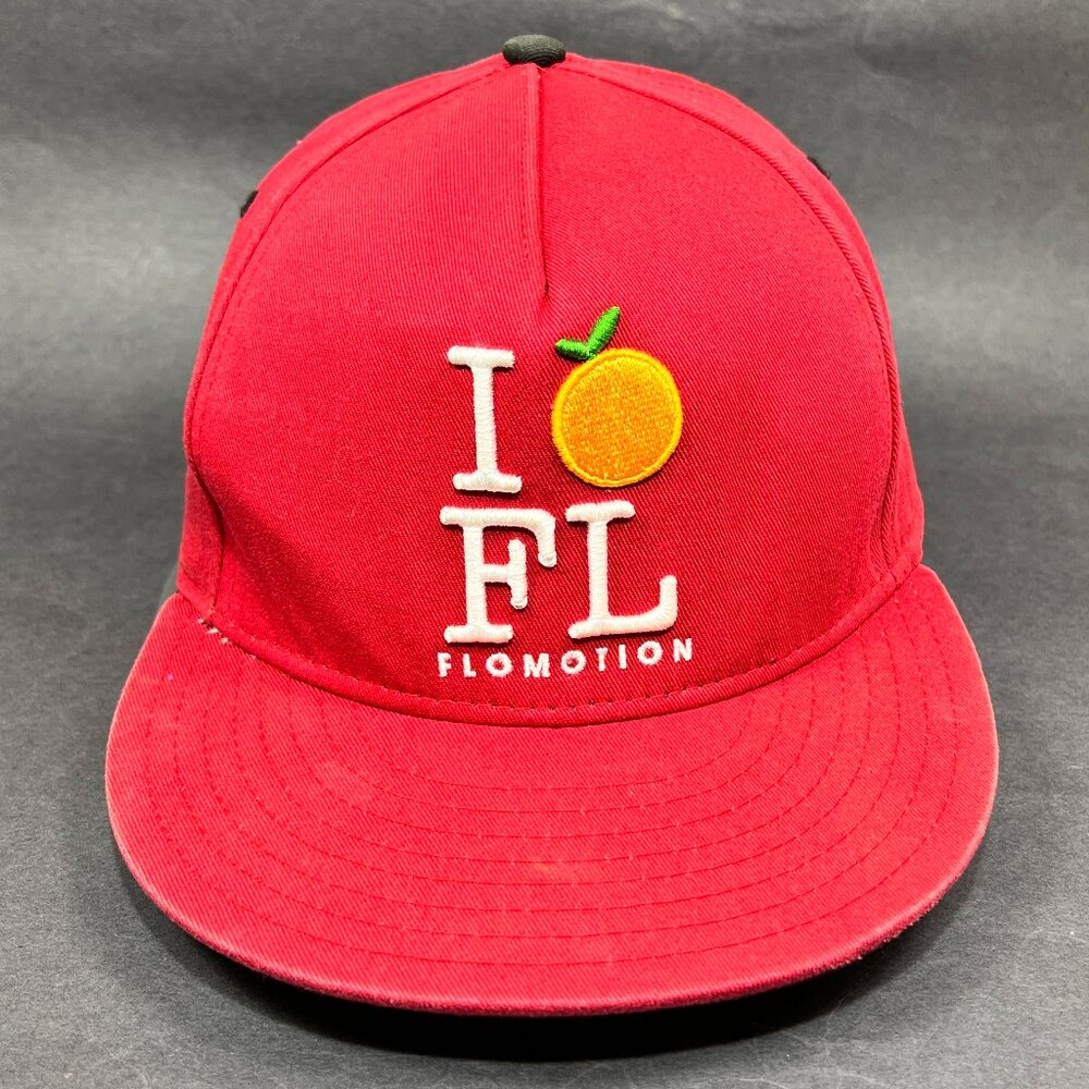 Flomotion Snapback Hat Cap Red Vacation Distressed FL Lifestyle Orange Logo Mens